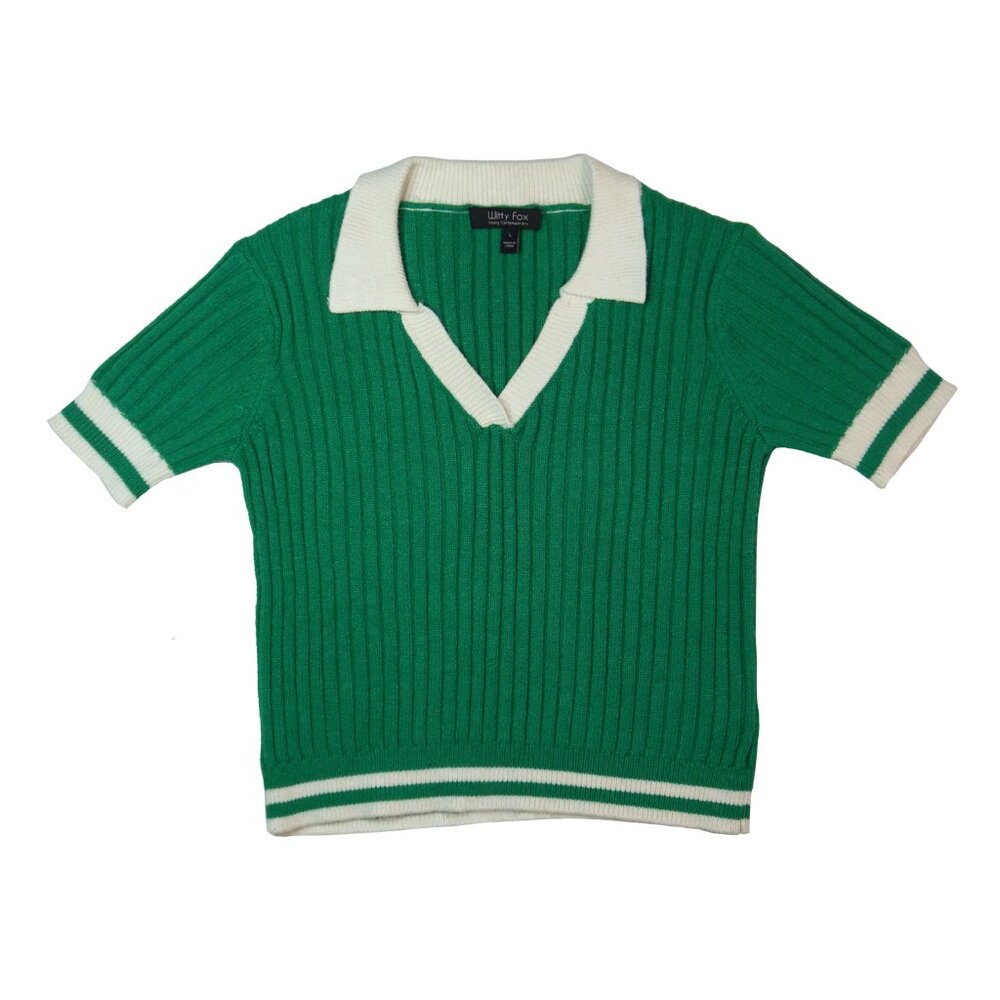 Witty Fox Green White Crop Knit Short Sleeve Collared Preppy Sporty Sweater Sz L
